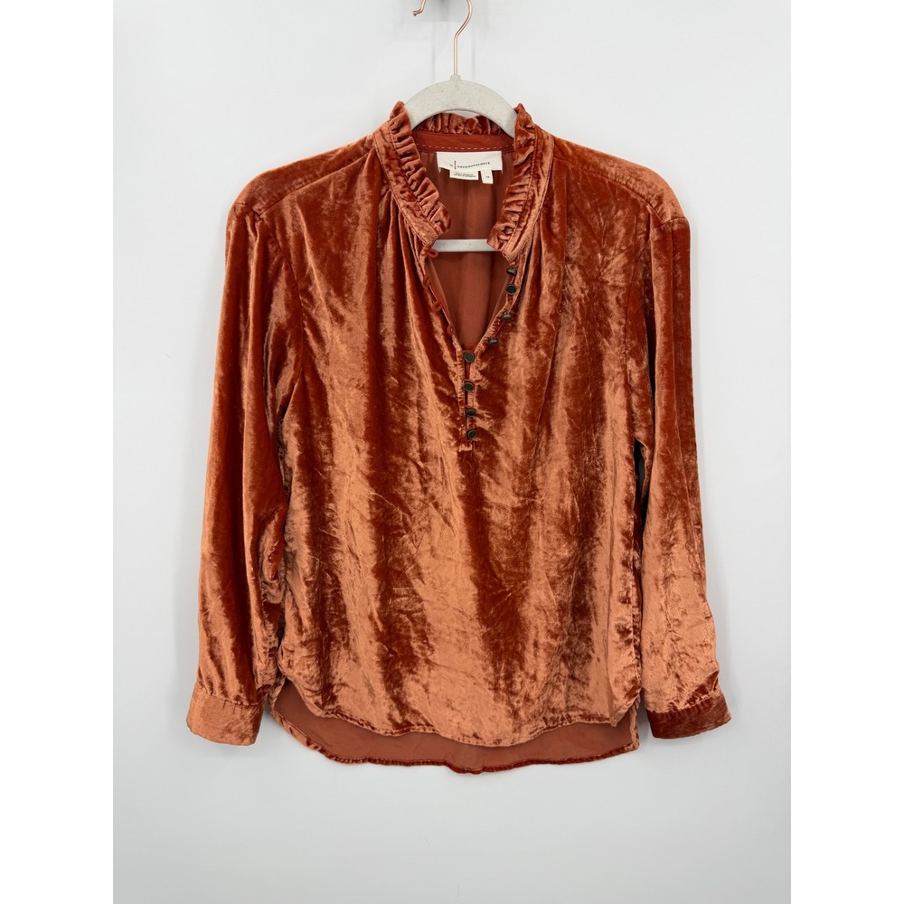 By Anthropologie kristianne Ruffle Velvet Blouse XS Burnt Orange Crushed